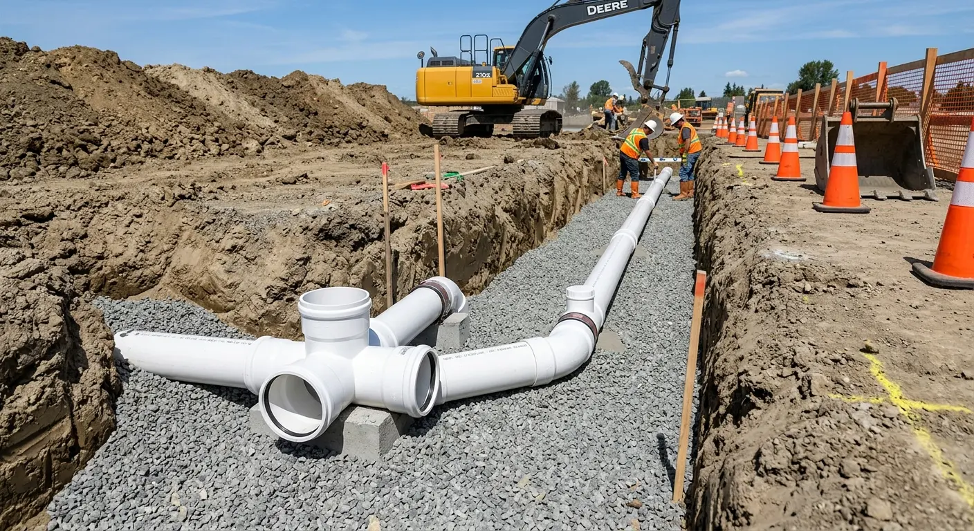 New PVC sewer pipe installation in open trench for Commercial Drain Cleaning in Somersworth