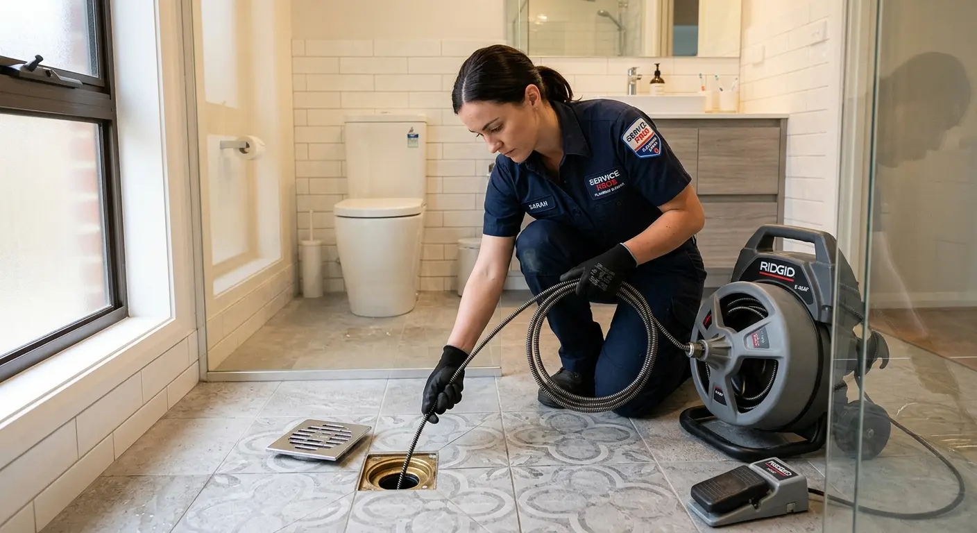 Technician clearing a bathroom floor drain for Clogged Drain Repair in Somersworth